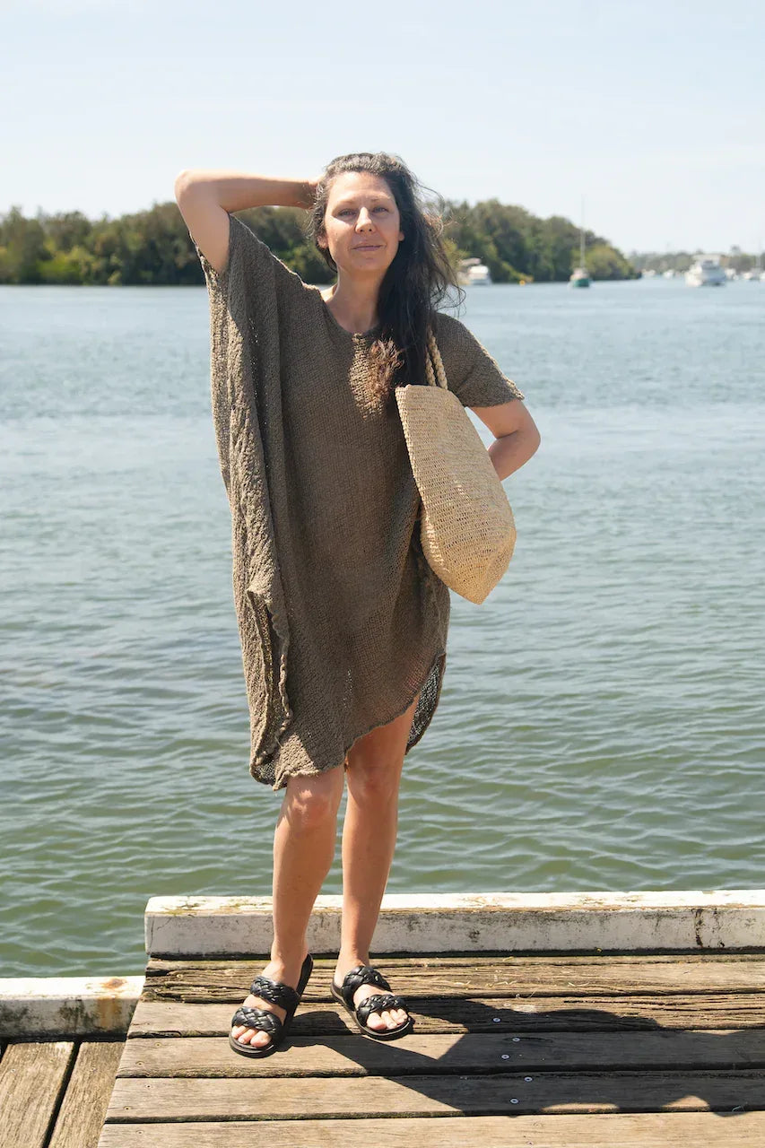 Woman Wearing La Bottega di Brunella Linen Dress Vestito Fausta Campagna - Fossil - Dress LUXAMORE