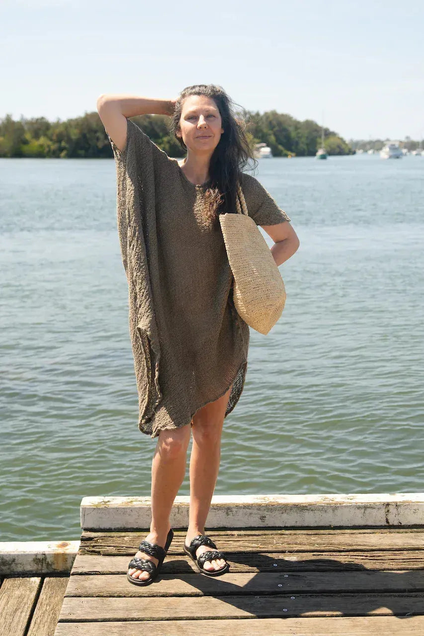 Woman Wearing La Bottega di Brunella Linen Dress Vestito Fausta Campagna - Fossil - Dress LUXAMORE