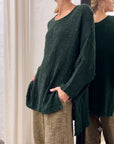 La Bottega di Brunella Top Maglia Bonta - Tela Campo - Bosco worn by model sustainably made in italy AW26 LUXAMORE  