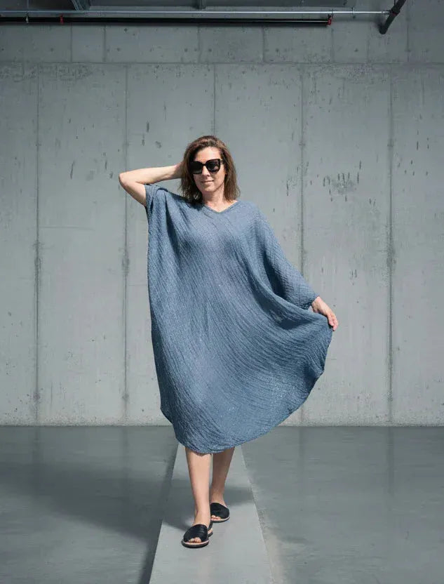 La Bottega di Brunella Linen Dress VESTITO FAUSTA - Garza Egitto worn by model in natural setting LUXAMORE 