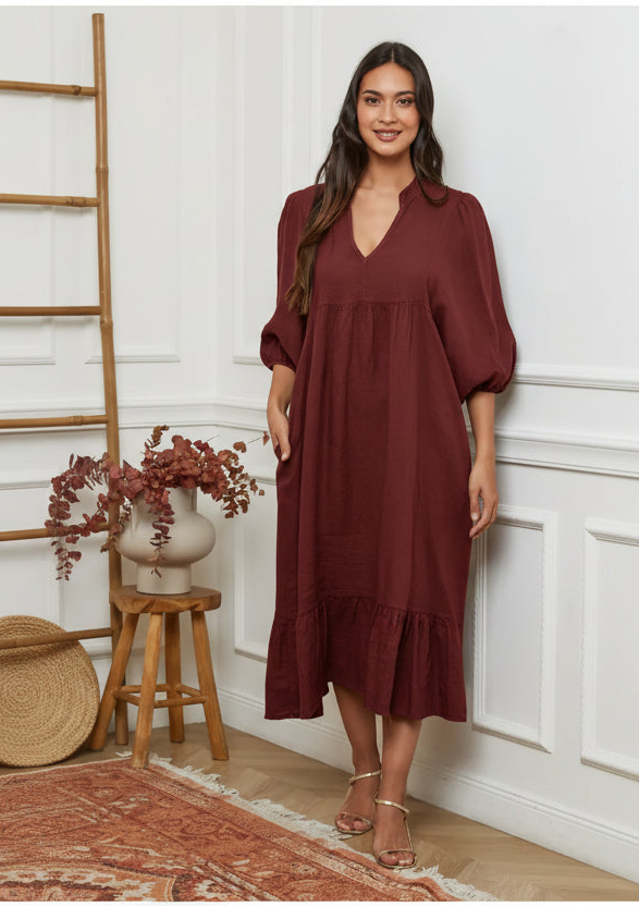 Linen Dress Balloon Sleeve - Made in Italy - Bordeaux LUXAMORE  