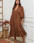 Linen Dress Balloon Sleeve - Made in Italy - Tobacco worn by model in natural setting LUXAMORE 
