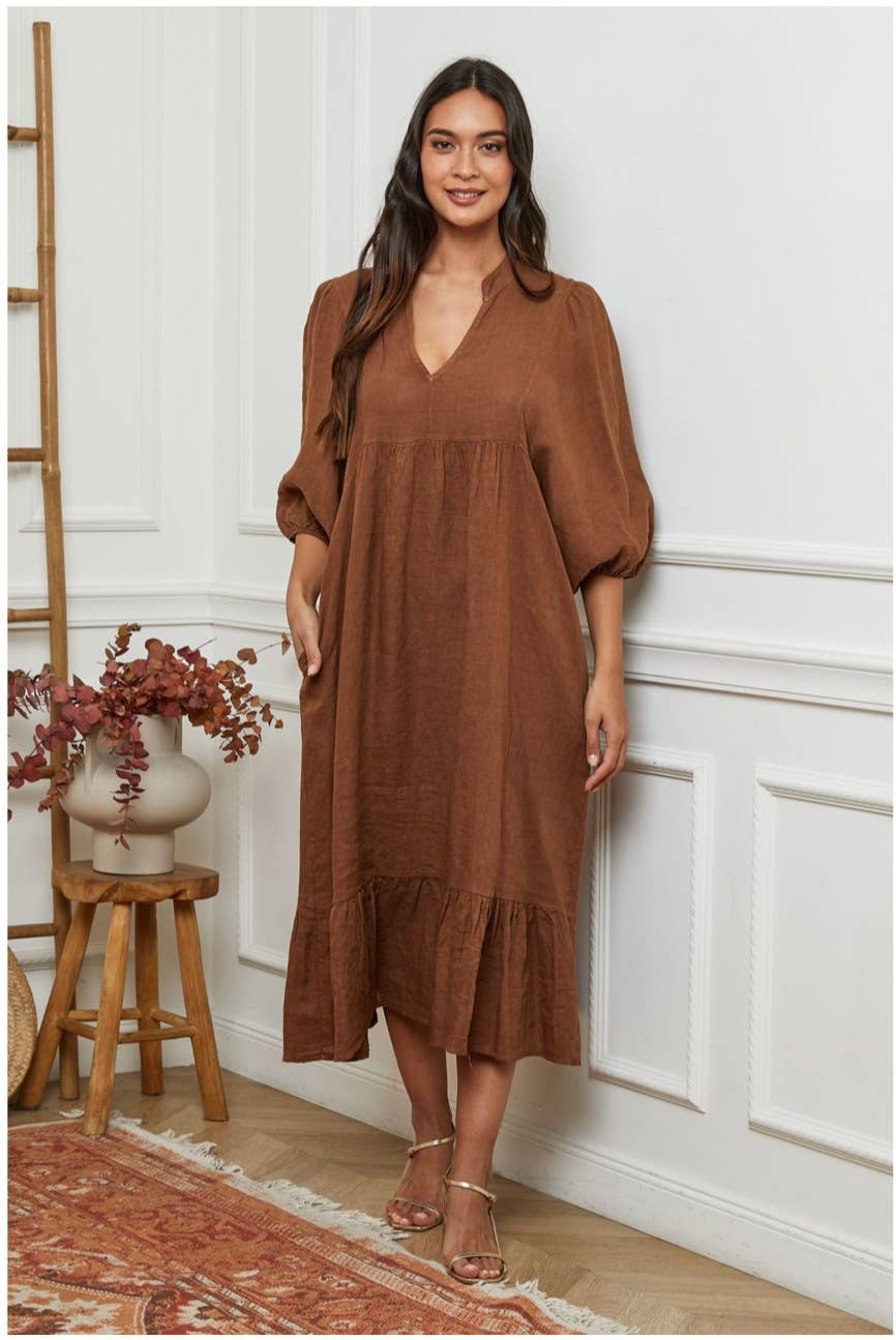 Linen Dress Balloon Sleeve - Made in Italy - Tobacco worn by model in natural setting LUXAMORE 