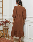 Linen Dress Balloon Sleeve - Made in Italy - Tobacco worn by model in natural setting LUXAMORE 