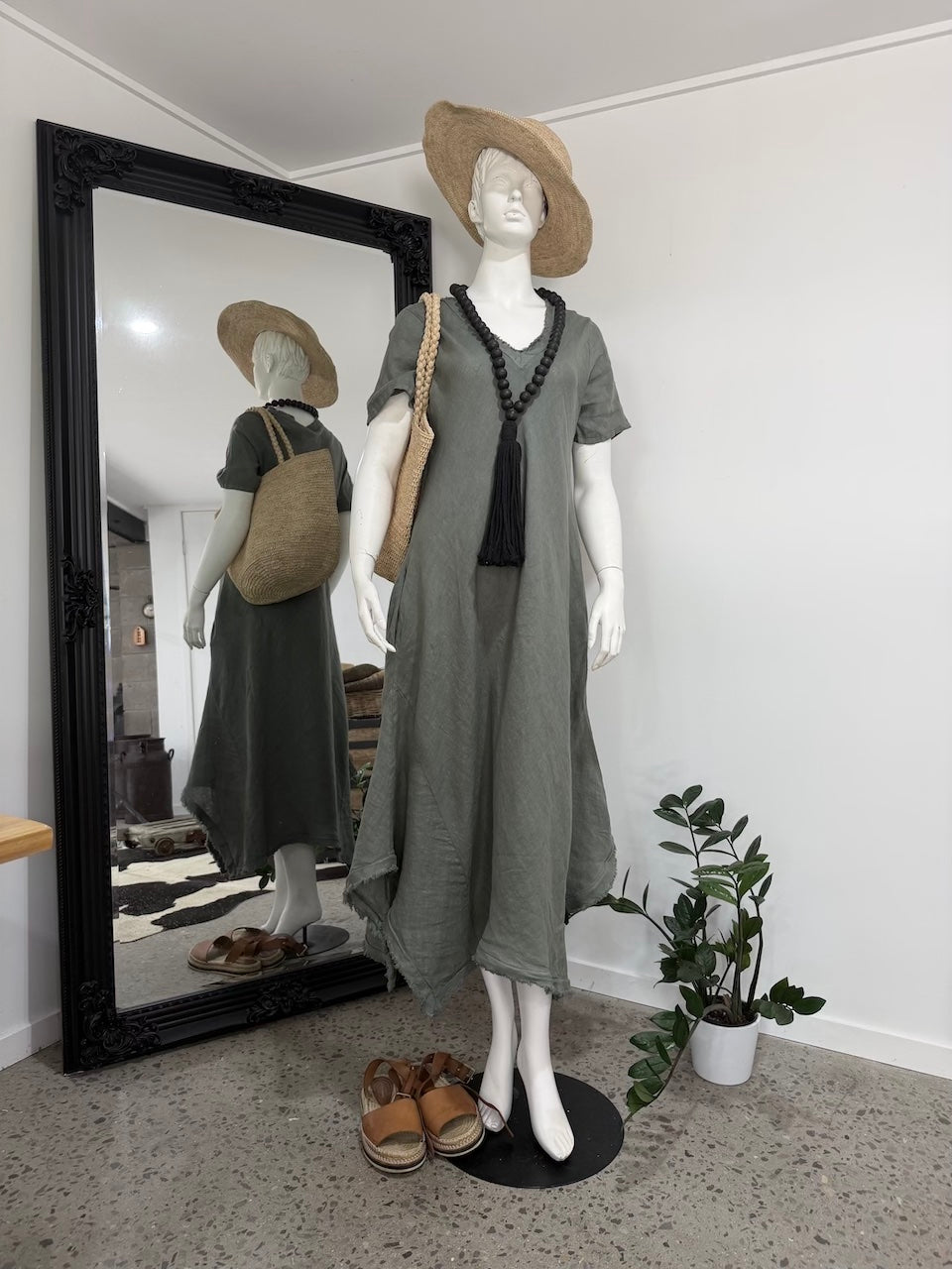 Linen Dress Bias Cut Maxi Made in Italy - Khaki - One size
