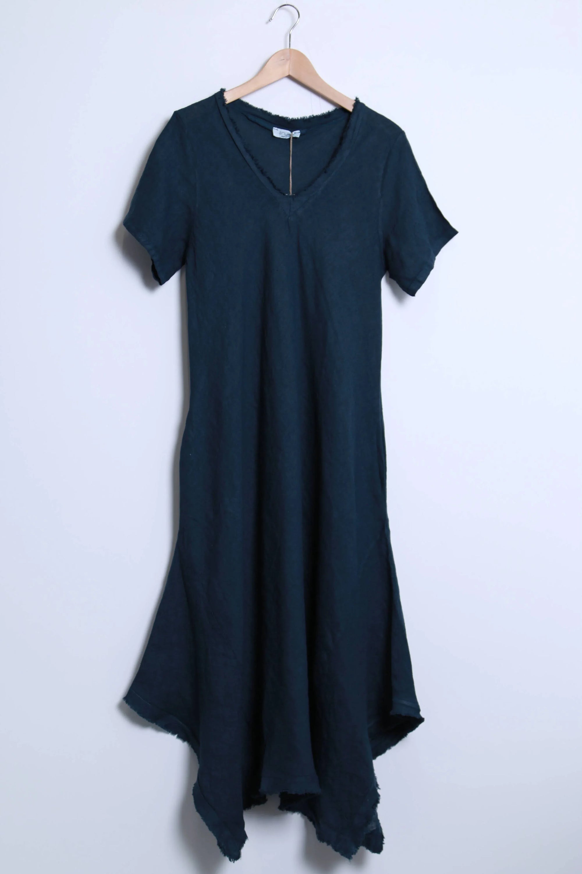 Linen Dress Bias Cut Maxi Made in Italy - Navy worn by model in natural setting LUXAMORE 