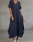 Linen Dress Bias Cut Maxi Made in Italy - Navy worn by model in natural setting LUXAMORE 