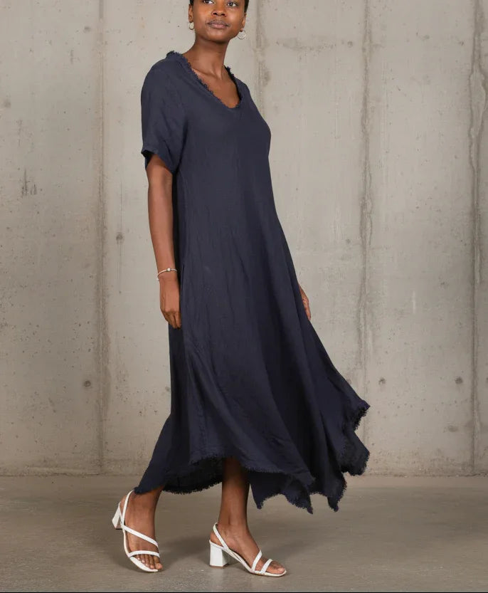 Linen Dress Bias Cut Maxi Made in Italy - Navy worn by model in natural setting LUXAMORE 
