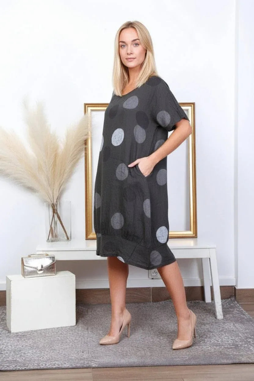Linen Dress Circle Print Midi Made in Italy Charcoal Grey LUXAMORE  