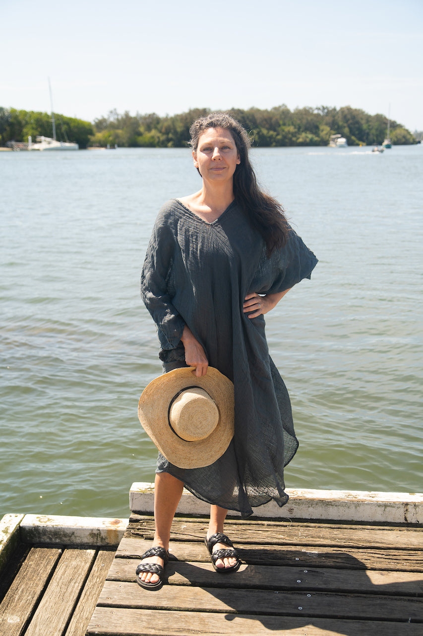 Woman wearing Linen Dress Handloom Maxi by La Bottega di Brunella Made in Italy Blue - My Linen Dress