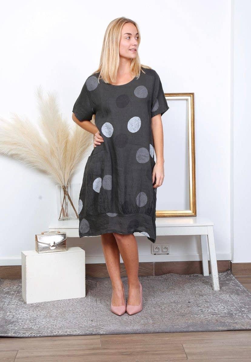 Linen Dress Circle Print Midi Made in Italy Charcoal Grey - LUXAMORE