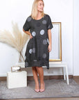 Linen Dress Circle Print Midi Made in Italy Charcoal Grey - LUXAMORE