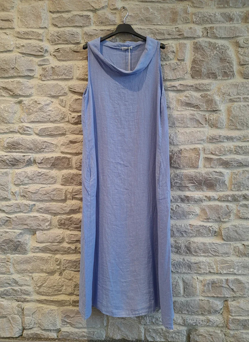Linen Dress Made in Italy: Sleeveless Boat Neck Maxi Blue worn by model in natural setting LUXAMORE 