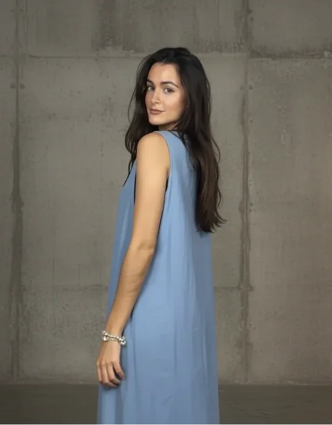 Linen Dress Made in Italy: Sleeveless Boat Neck Maxi Blue LUXAMORE  