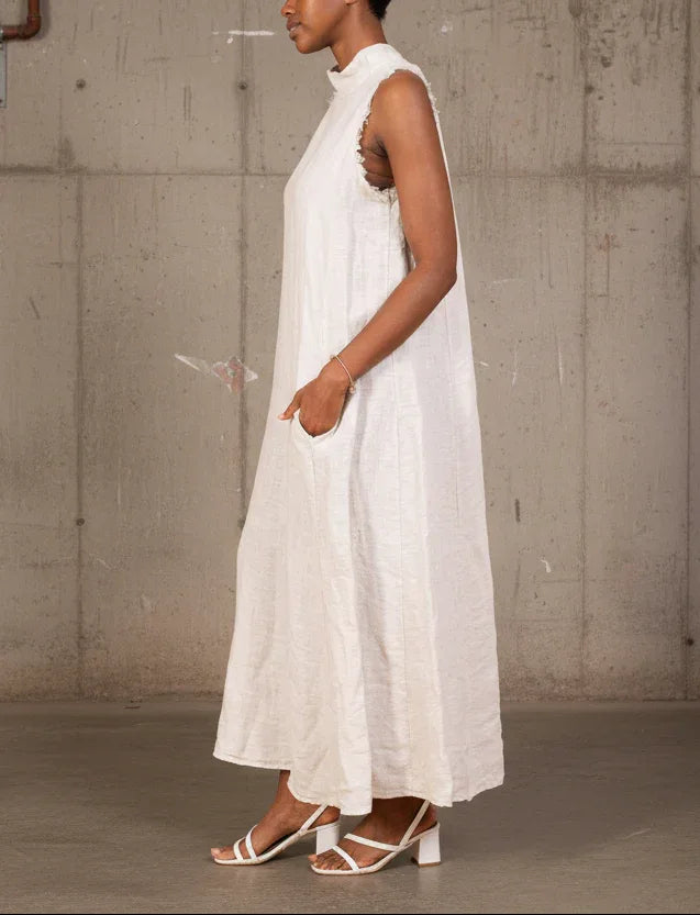 Linen Dress Maxi High Collar Made in Italy - Beige - One size worn by model in natural setting LUXAMORE 