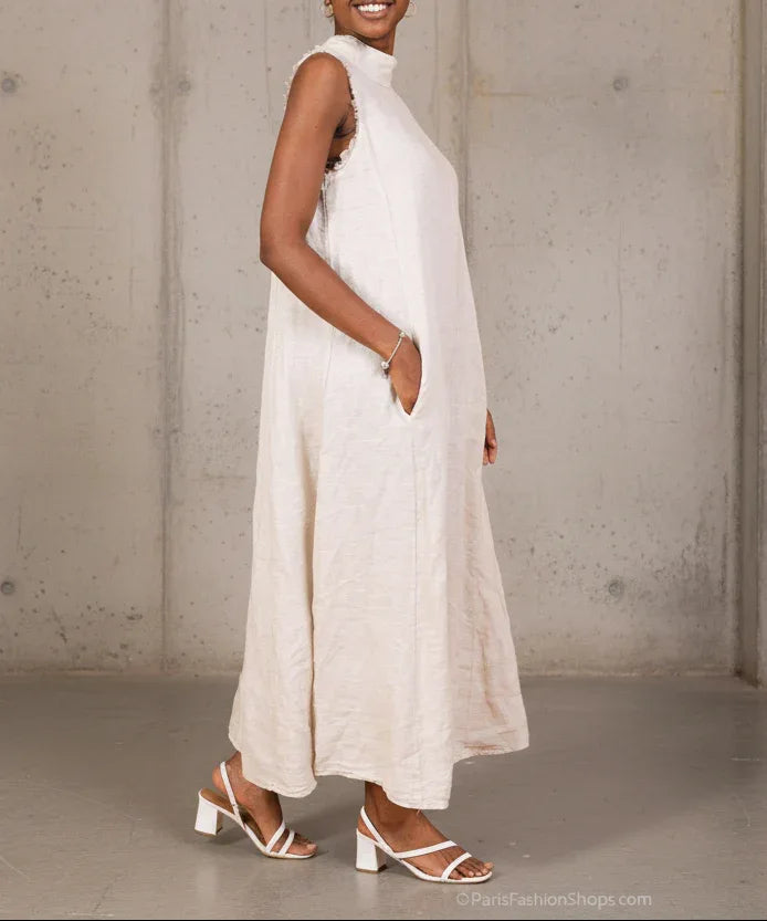 Linen Dress Maxi High Collar Made in Italy - Beige - One size worn by model in natural setting LUXAMORE 