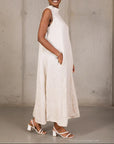 Linen Dress Maxi High Collar Made in Italy - Beige - One size worn by model in natural setting LUXAMORE 