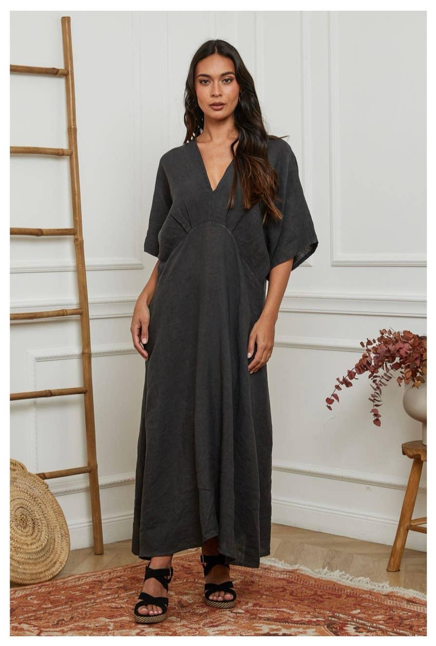 Linen Dress Maxi Made in Italy Charcoal Grey - LUXAMORE