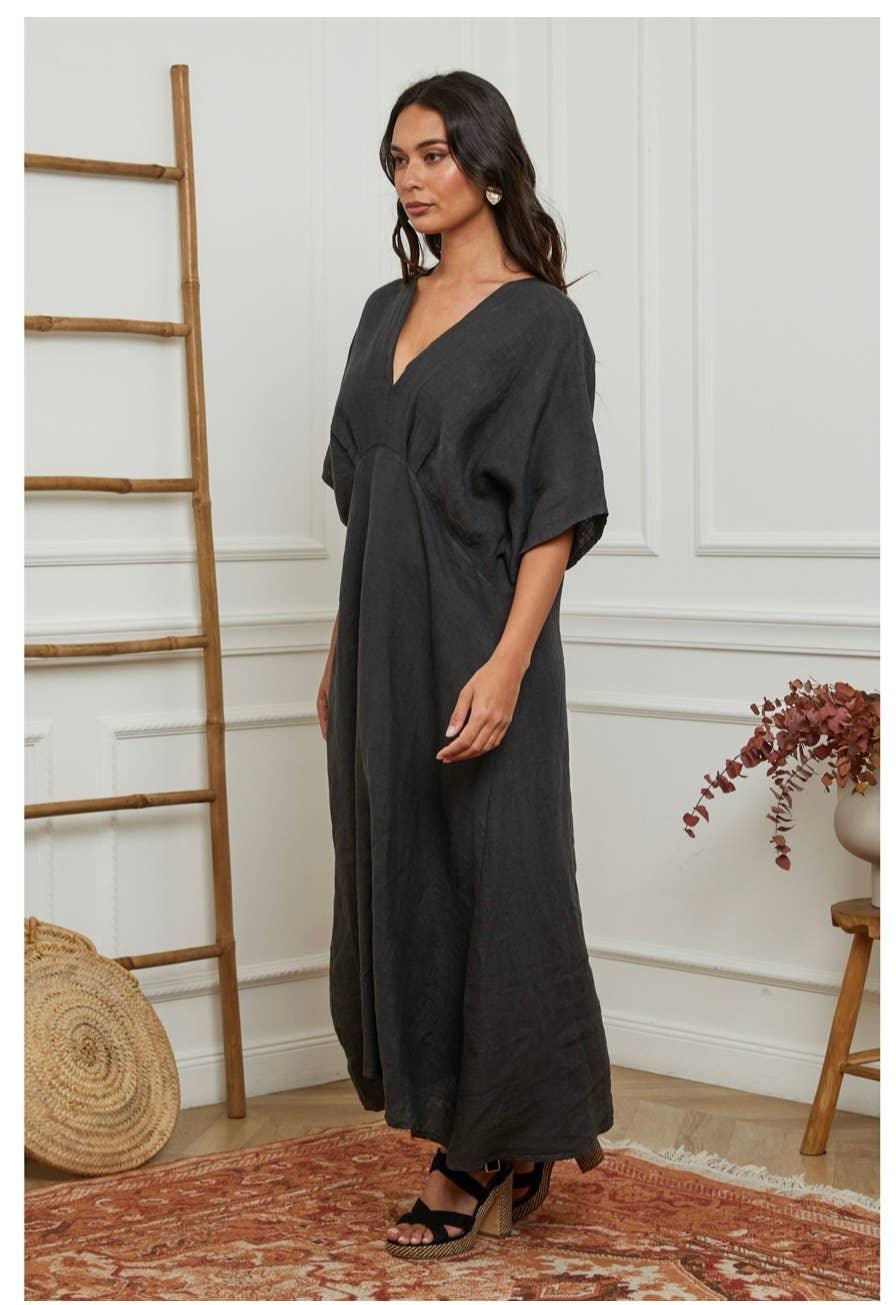 Linen Dress Maxi Made in Italy Charcoal Grey - LUXAMORE