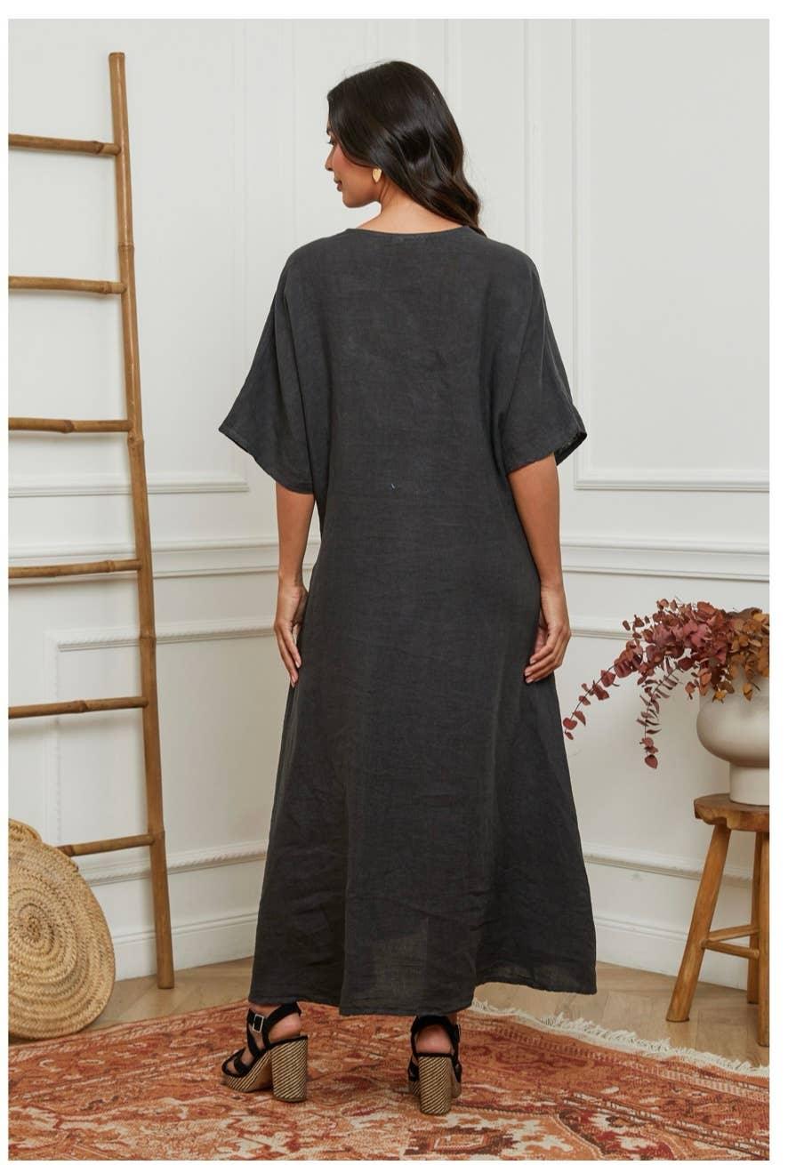 Linen Dress Maxi Made in Italy Charcoal Grey - LUXAMORE