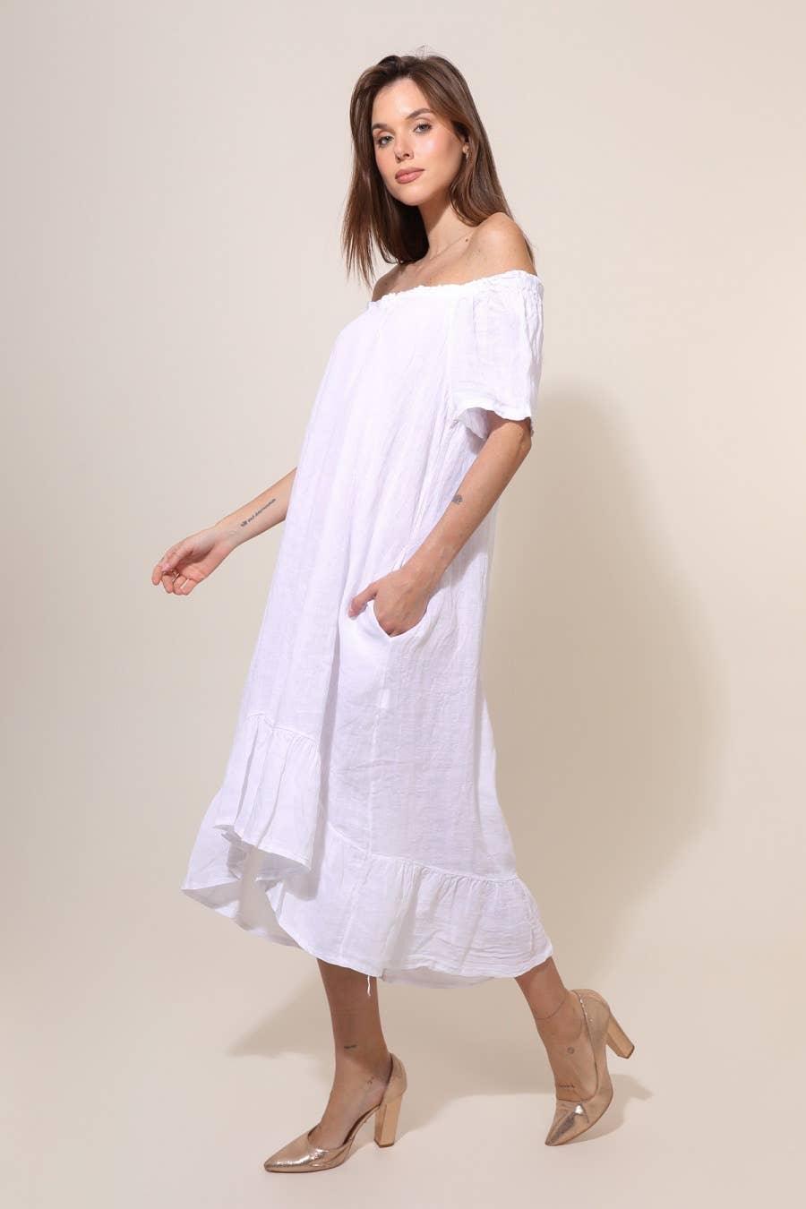 linen off shoulder dress Maxi Made in Italy Coral vz:womens BYDEE ANDRESSA MIDI DRESS rehearsal dinners Cut:S/M