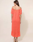Linen Dress Maxi Off Shoulder Made in Italy Coral - LUXAMORE