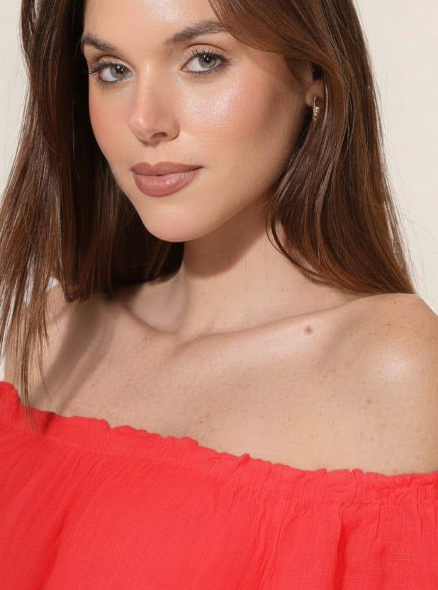 Linen Dress Maxi Off Shoulder Made in Italy Coral - LUXAMORE