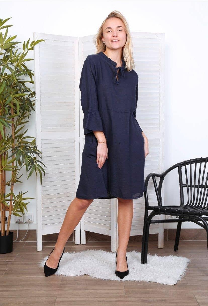 Linen Dress Midi 100% Made in Italy Navy - LUXAMORE