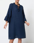 Linen Dress Midi 100% Made in Italy Navy - LUXAMORE