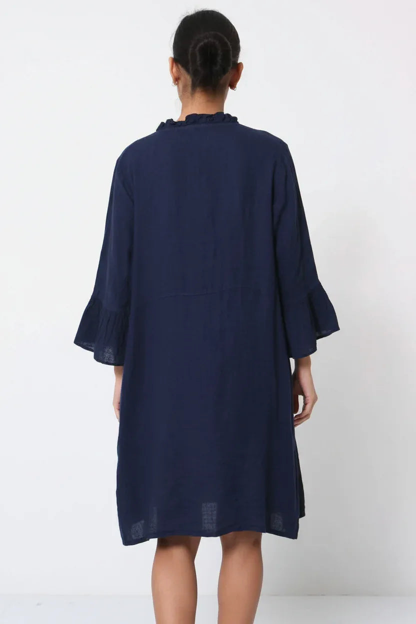 Linen Dress Midi 100% Made in Italy Navy - LUXAMORE