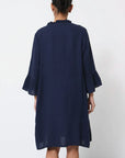Linen Dress Midi 100% Made in Italy Navy - LUXAMORE