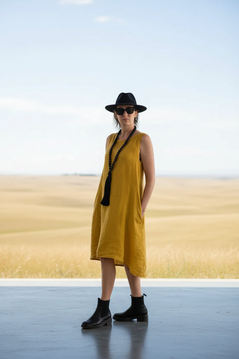 Linen Dress Midi A Line Pockets Made in Italy Yellow LUXAMORE  
