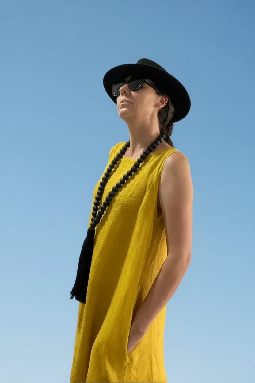 Linen Dress Midi A Line Pockets Made in Italy Yellow LUXAMORE  