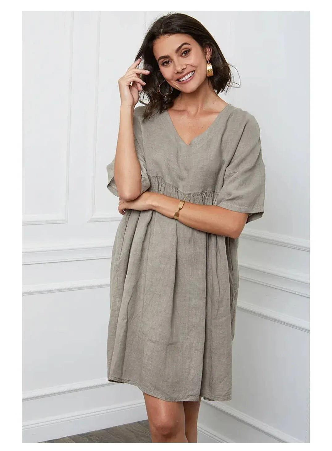 woman wearing Linen Dress Mini Babydoll Made in Italy - Taupe LUXAMORE 