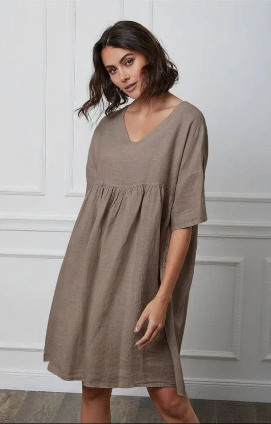 woman wearing Linen Dress Mini Babydoll Made in Italy - Taupe LUXAMORE 