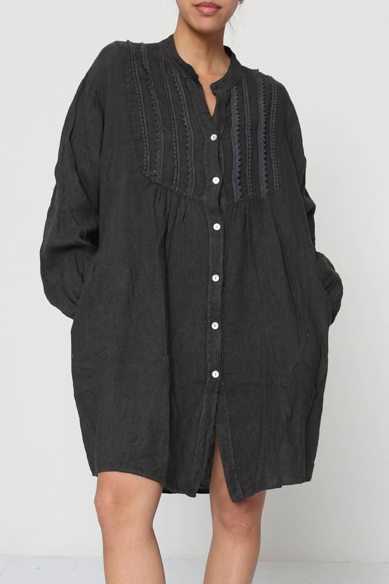 Linen Shirt Dress – Mini, Long Sleeve, Made in Italy | Charcoal Grey - LUXAMORE