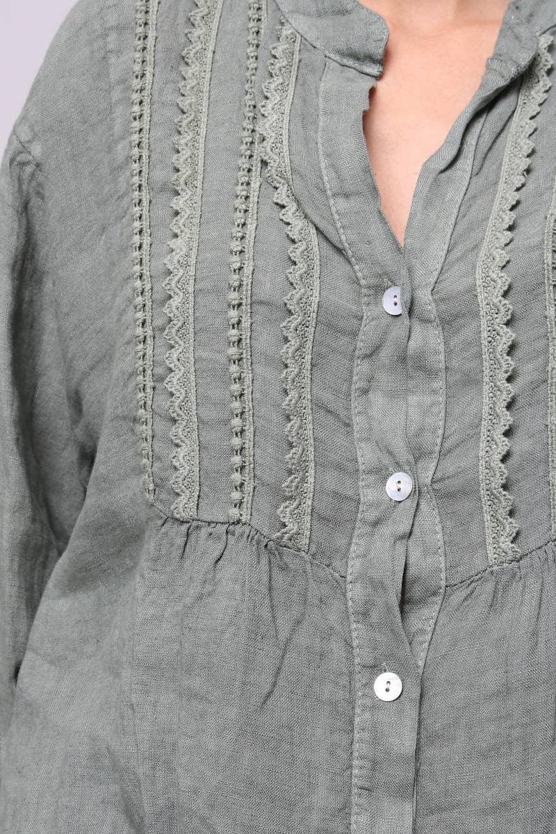 Linen Shirt Dress – Mini, Long Sleeve, Made in Italy | Charcoal Grey worn by model in natural setting LUXAMORE 