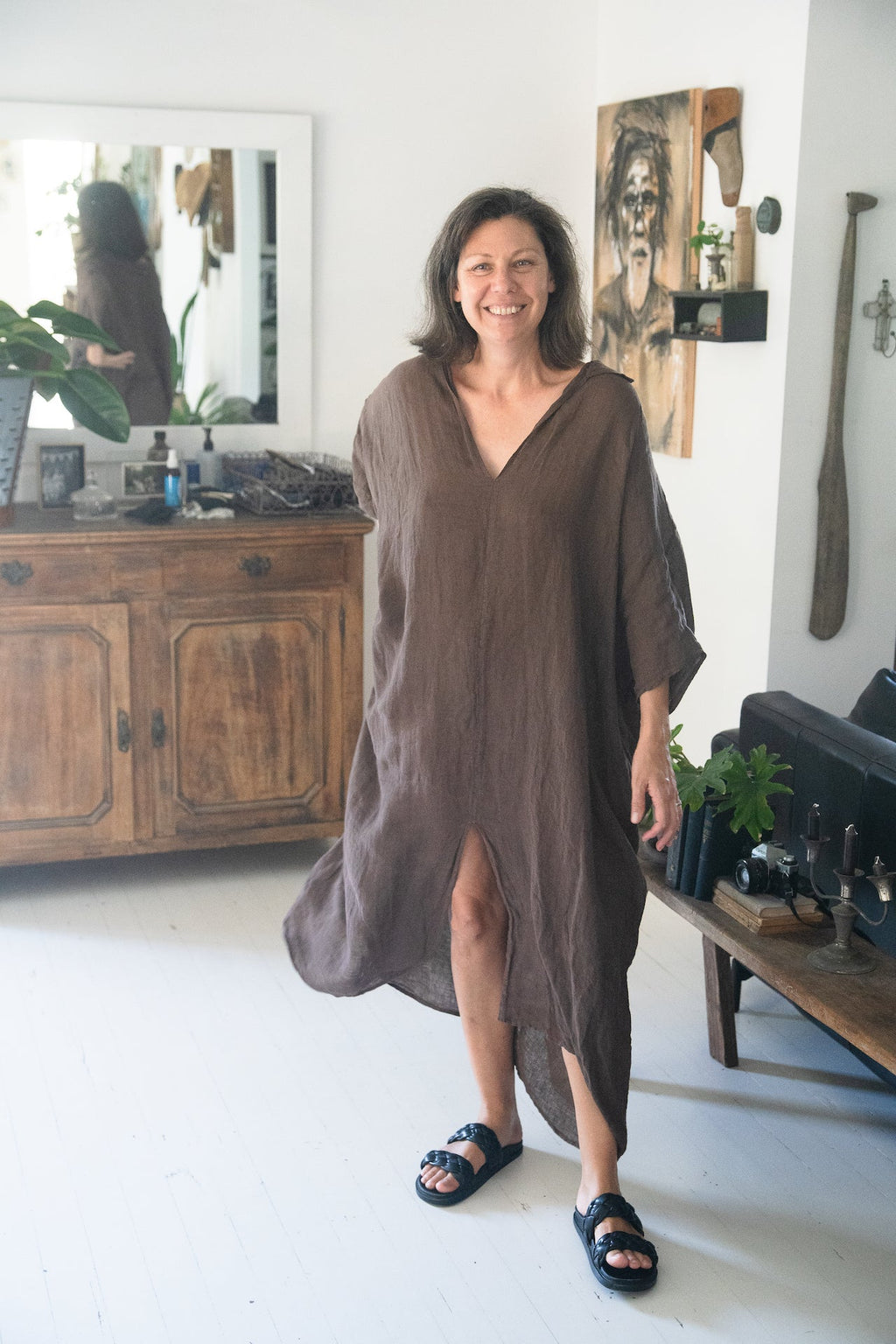 Linen Dress Oversize Maxi Kaftan Made in Italy Chocolate