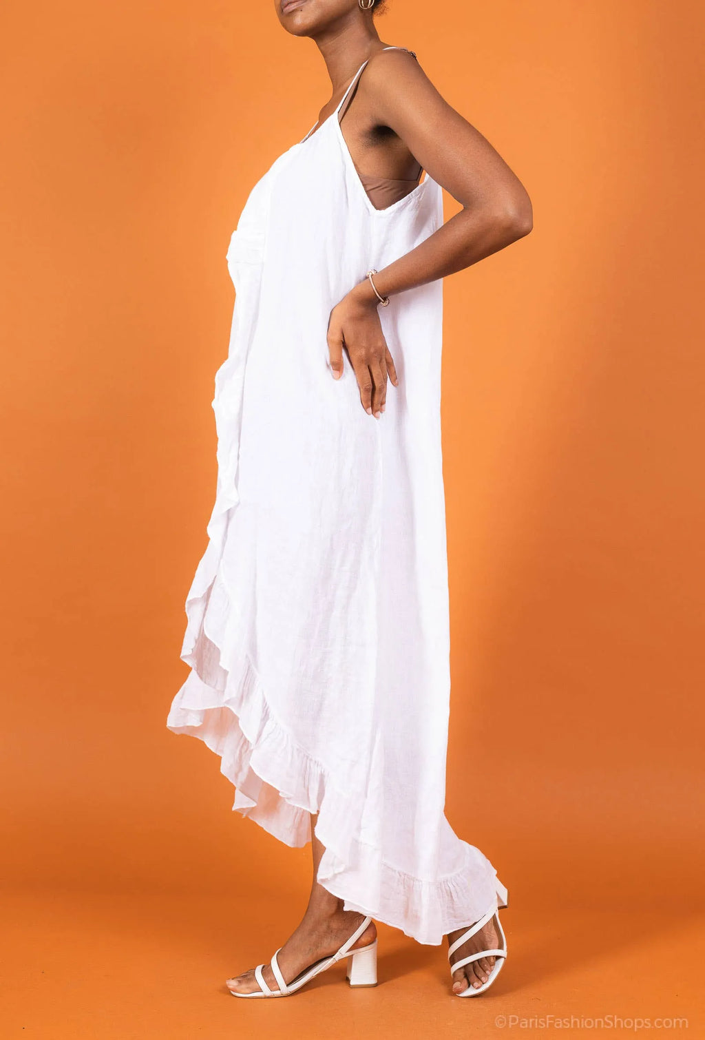 White Linen Dress Maxi Ruffled Made in Italy - One size