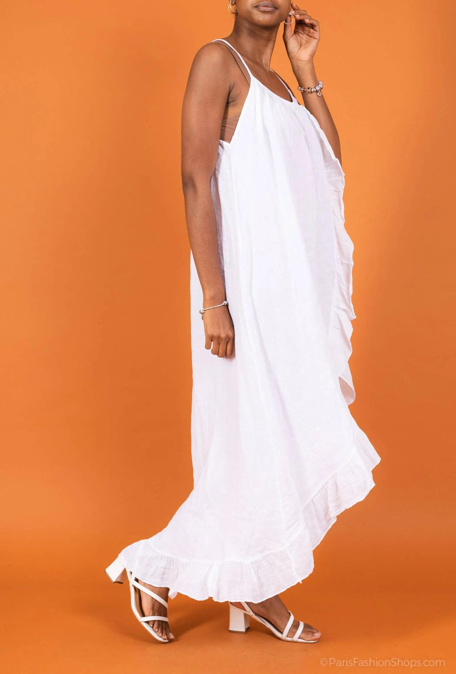 White Linen Dress Maxi Ruffled Made in Italy - One size