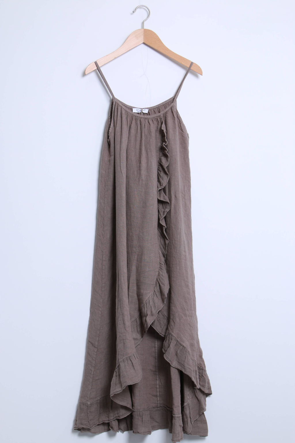 Linen Dress Ruffled Thin Strap Maxi Made in Italy - Taupe - One Size