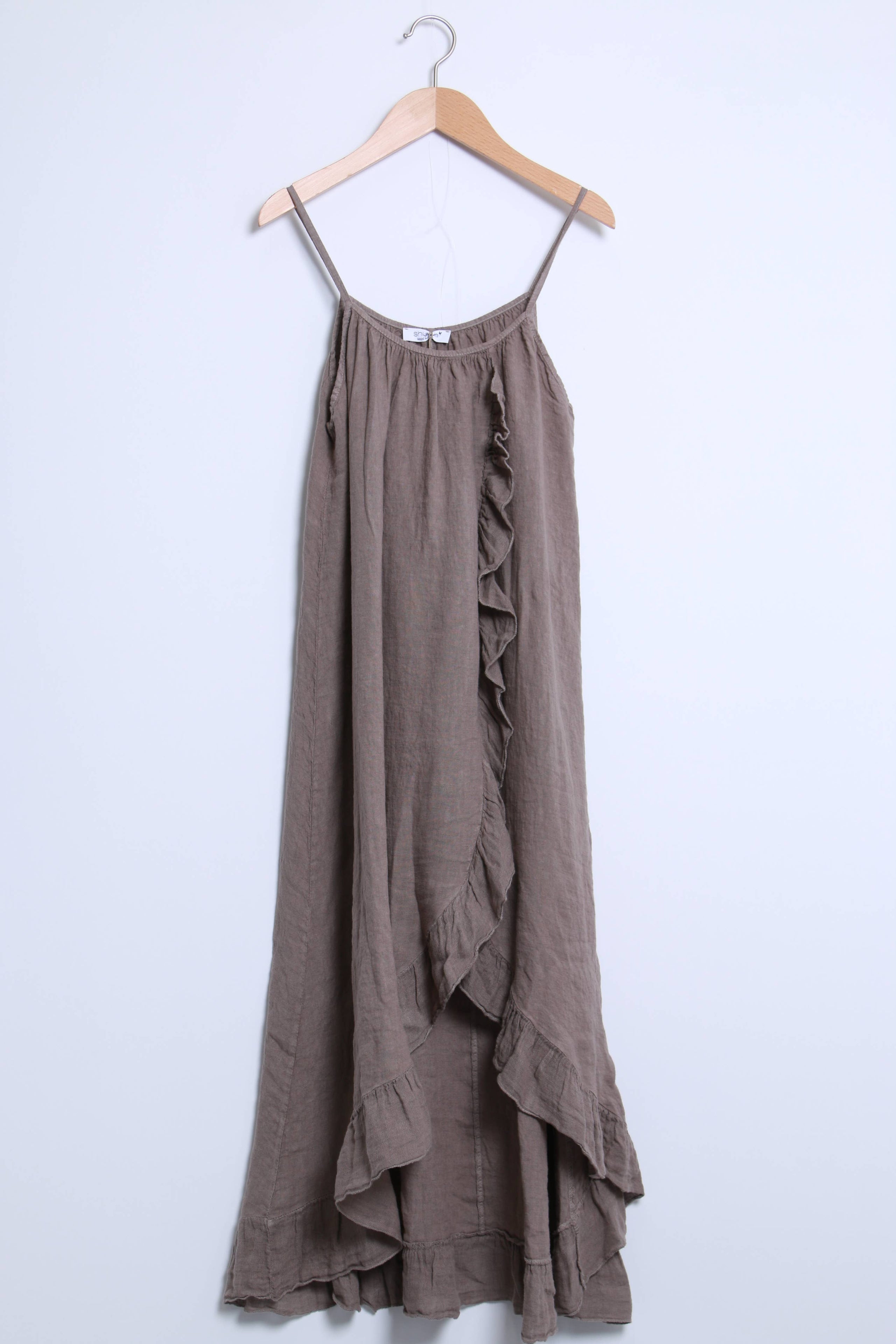 Linen Dress Ruffled Thin Strap Maxi Made in Italy - Taupe - One Size