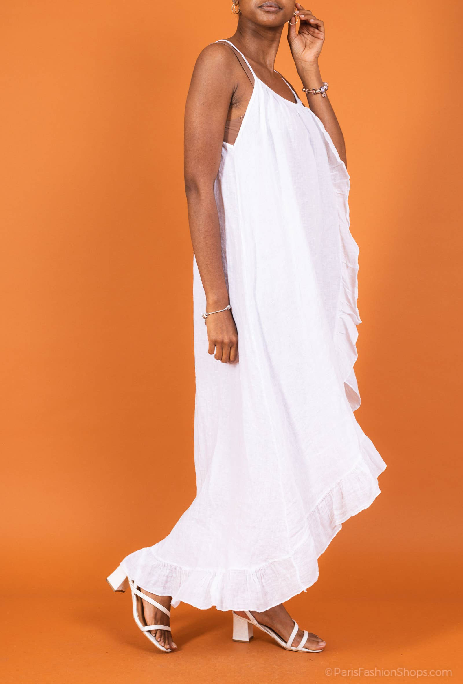 Linen Dress Ruffled Thin Strap Maxi Made in Italy - Taupe - One Size