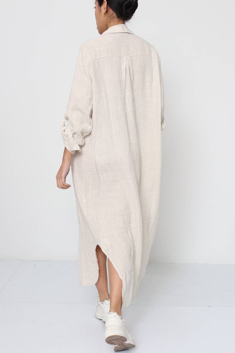 Linen Dress Shirtdress, Button-Up, Midi Length Made in Italy Beige