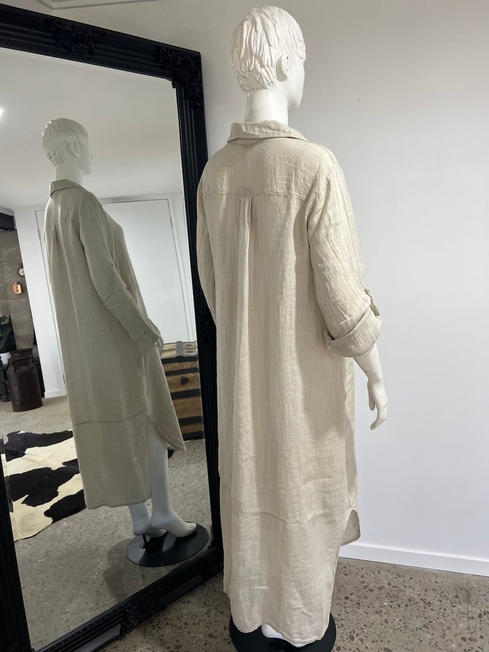 Linen Dress Shirtdress, Button-Up, Maxi Length Made in Italy Beige