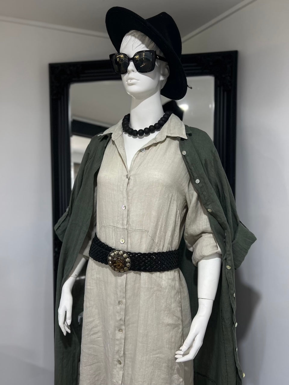 Linen Dress Shirtdress, Button-Up, Maxi Length Made in Italy Beige