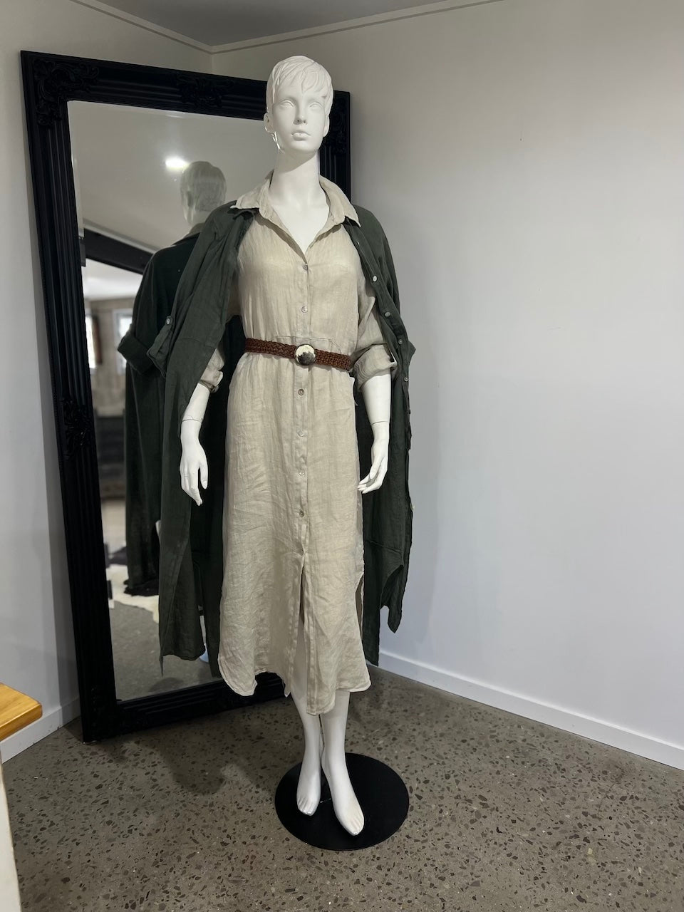 Linen Dress Shirtdress, Button-Up, Maxi Length Made in Italy Beige