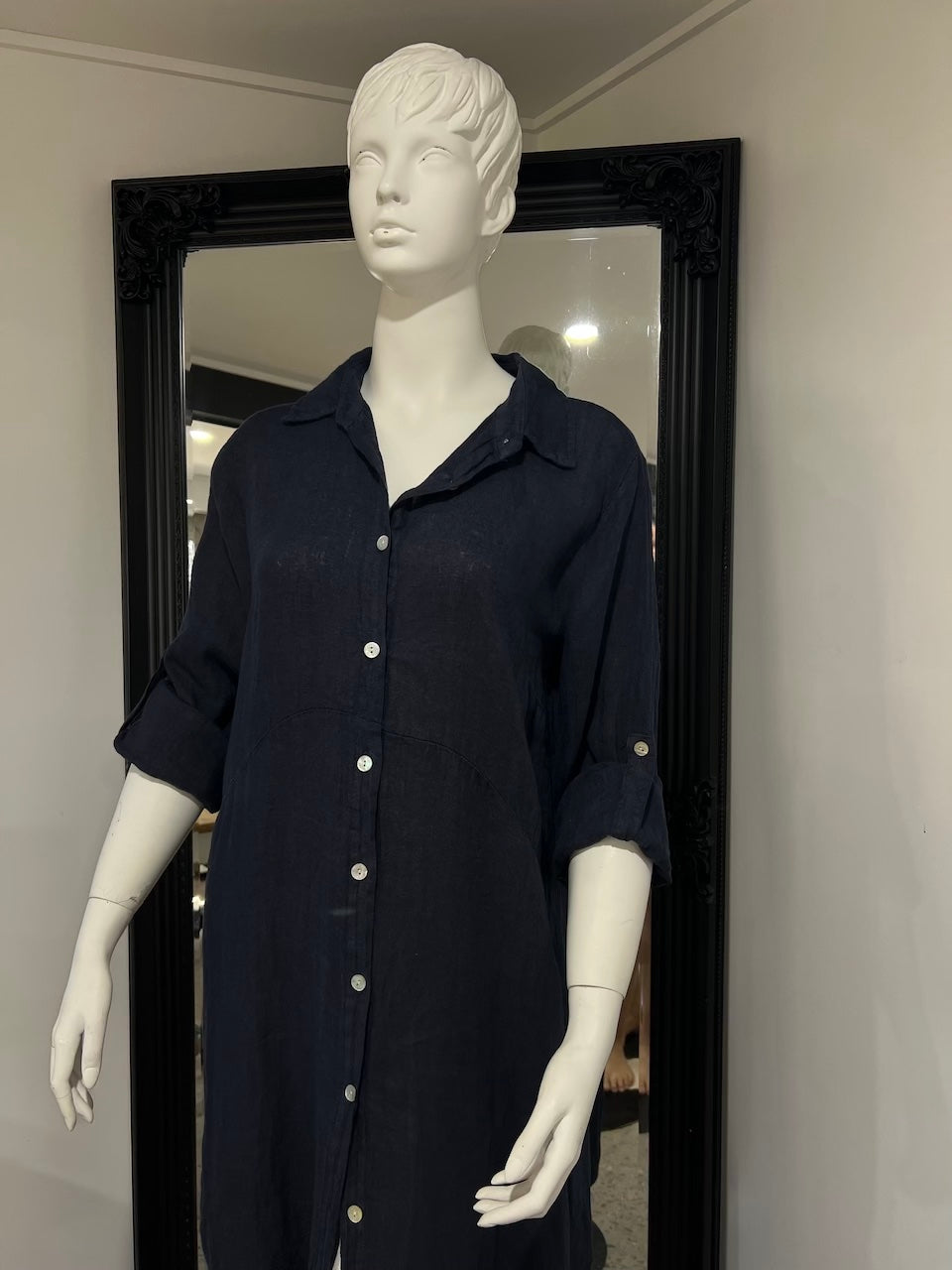 Linen Dress Shirtdress, Button-Up, Maxi Length Made in Italy Navy