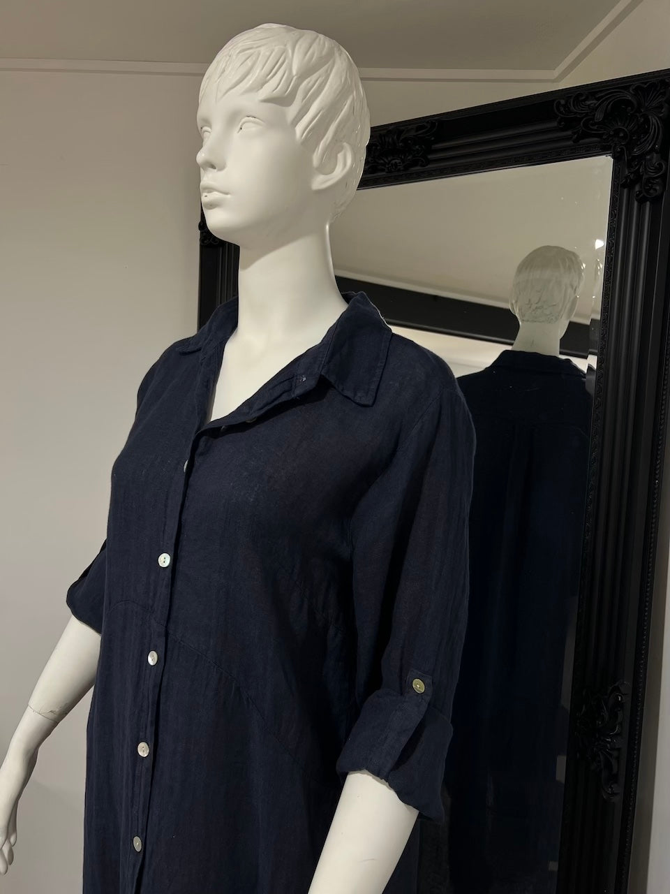 Linen Dress Shirtdress, Button-Up, Maxi Length Made in Italy Navy
