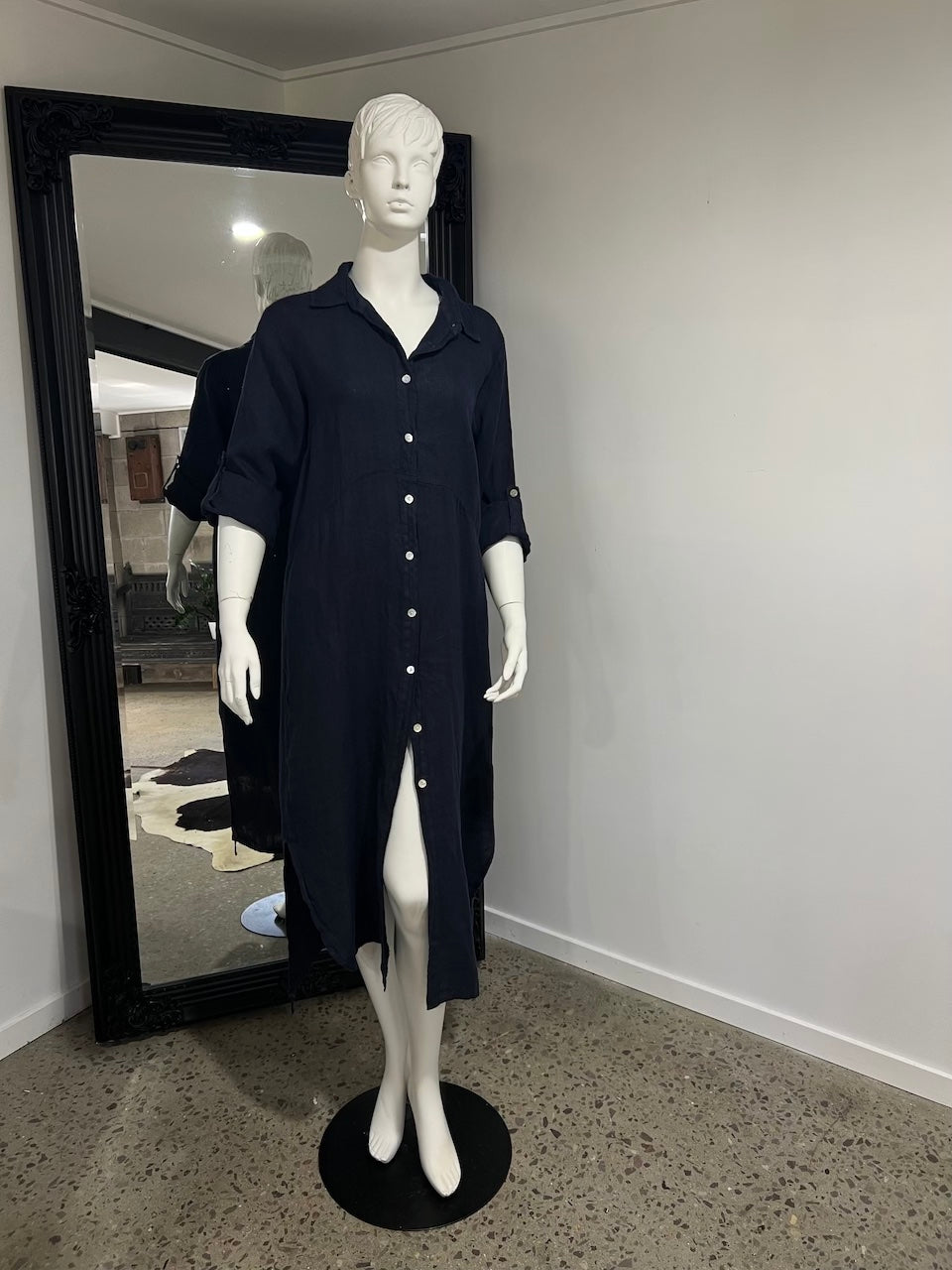 Linen Dress Shirtdress, Button-Up, Maxi Length Made in Italy Navy